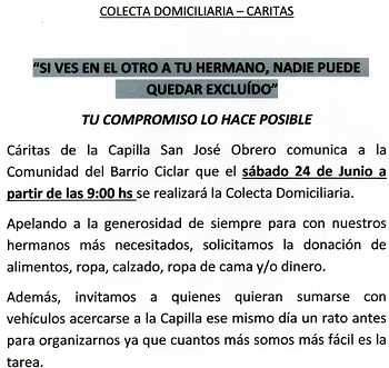 Sabado 24 Caritas Barrio Ciclar  realiza Colecta Domiciliaria desde las 9 hs
