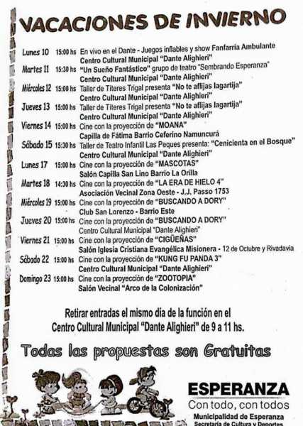 Anda agendando! Vacaciones de Invierno! Propuestas de la Secretaria de Cultura de Esperanza.