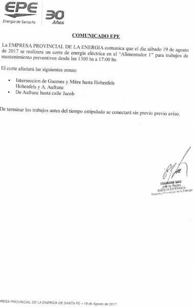 CORTES DE ENERGIA ELECTRICA SECTOR OESTE HOY SÁBADO