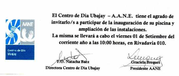 Inaguran la piscina del Centro de Dia Ubajay el 1° Sep. hora 10 en Rivadavia 010