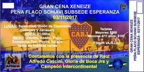 1° Sep se ponen en ventas las tarjetas Cena del 3 de Nov Peña Flaco Schiavi Subsede Esperanza