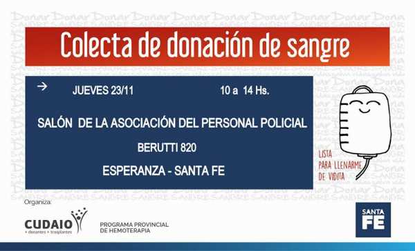 23 Nov se podra donar sangre en Esperanza colaboremos