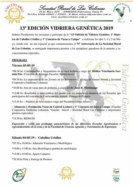 3-4-5 Mayo 13° Edición de la Vidriera Genetica de Soc Rural Las Colonias