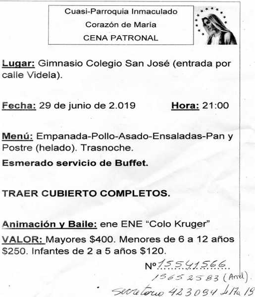 Cena Patronal Quasi Parroquia Barrio Sur