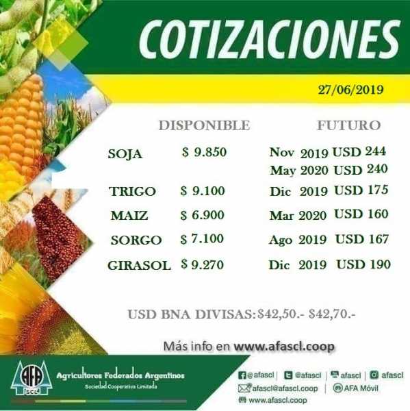 AFA Humboldt cotización granos  27 / 6 /2019