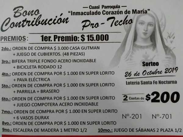 La comunidad del inmaculado Corazón de María del barrio sur Esperanza a organizado un bono contribución