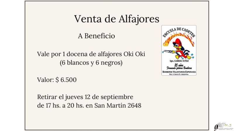 Ventas de alfajores hacer reservas a Bomberos voluntarios Escuela de Cadetes Sargento Gabriel Nuñez