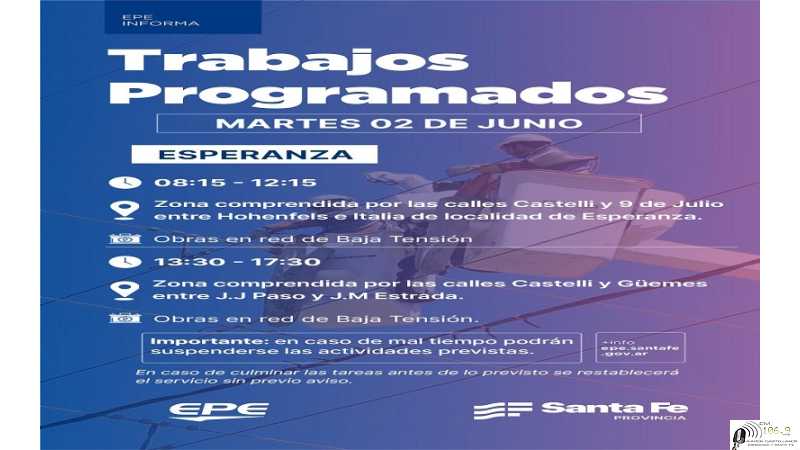 Martes 2 Junio realizaran cortes de energia eléctrica en un sector de Esperanza