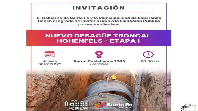 Jueves 30 se abre licitación de Canal Troncal Hoensfels 1 etapa