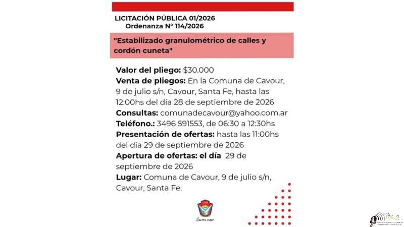 LICITACIÓN PÚBLICA N°01/2026⚠️ La Comuna de Cavour informa